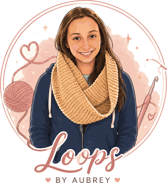 Illustration of Aubrey wearing one of her camel cowl scarves